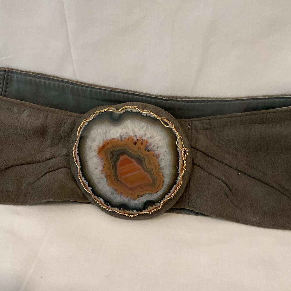 Vintage Brown Suede Belt with Agate Stone Accent